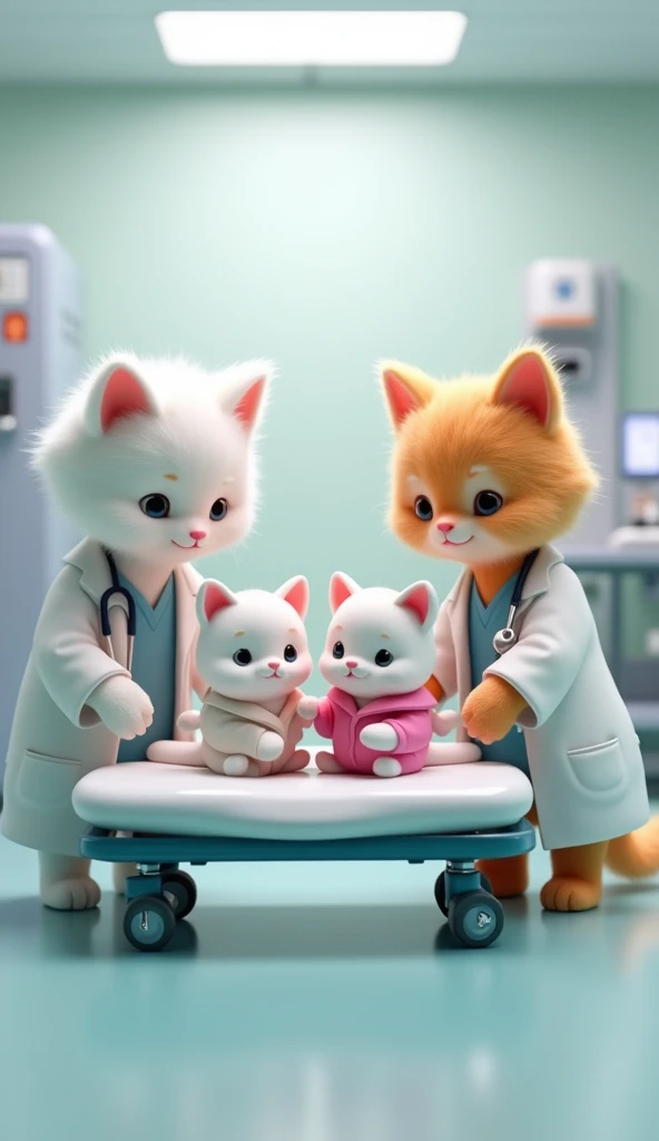 two cat characters as doctors lifting white kittens on a stretcher, indoor background, white kitten character wearing pink pajamas, 3D