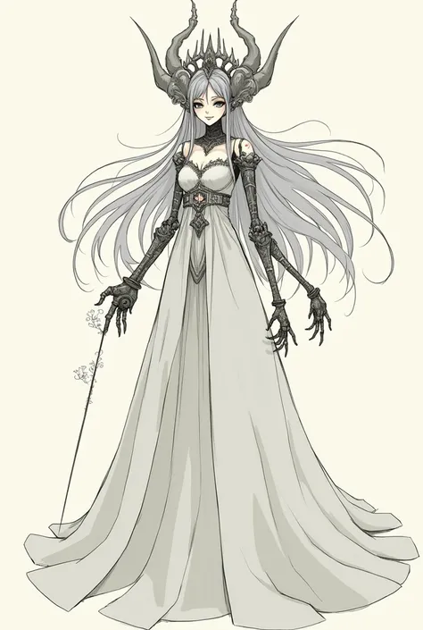 A beautiful long-haired girl with a creepy smile, a large headdress with beautiful accessories, a full-body cloak that doesn&#39;t show her real arms, and a pair of 6 slender, yellow, mechanical arms that look like real arms growing out of her back, and ho...