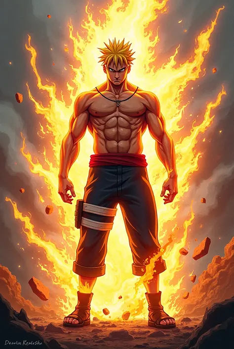 Make an image from this prompt:
The fusion between Naruto in Baryon Mode and Luffy in Gear Five would be an impressive combination of power and abilities.. Imagine Naruto with the intense energy and visual characteristics of Baryon Mode, like the bright au...