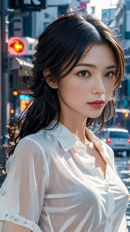 ((Best Quality, 8k, masterpiece: 1.3)), sharp: 1.2, Perfect body beauty: 1.4, Slim Abs: 1.2, ((Layered Hairstyles, Small breasts: 1.2)), (Wet White Button Long Shirt: 1.1), (rain, street: 1.2), Wet: 1.5, Highly detailed face and skin texture, Fine grain, D...