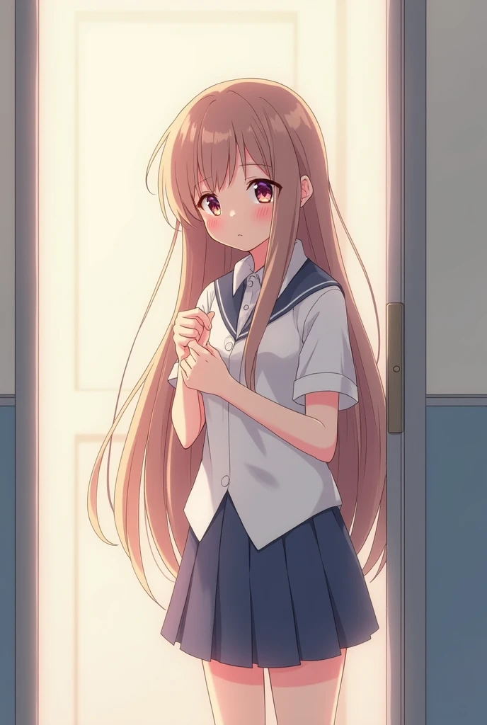 Anime-style girl with long hair is shy and blushing. She is wearing a short skirt and school uniform and is about to go to the toilet and blush.