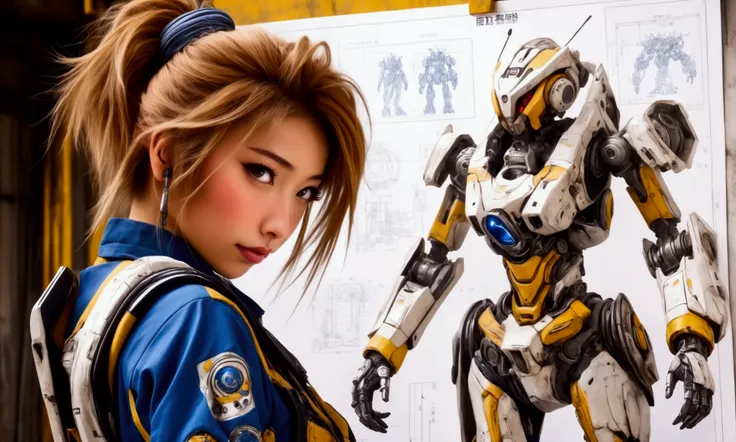 cute yuna (sexy technician outfit with frayed edges and many holes, grease smudges) is studying a mechs technical readouts on a wall (architectural design of mech), mech bay, focus on schematic
