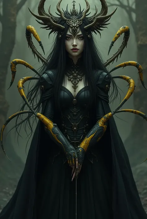 A beautiful long-haired girl with a creepy smile, a large headdress with beautiful accessories, a full-body cloak that doesn&#39;t show her real arms, and a pair of 6 slender, yellow, mechanical arms that look like real arms growing out of her back, and ho...