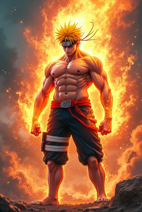 Make an image from this prompt:
The fusion between Naruto in Baryon Mode and Luffy in Gear Five would be an impressive combination of power and abilities.. Imagine Naruto with the intense energy and visual characteristics of Baryon Mode, like the bright au...