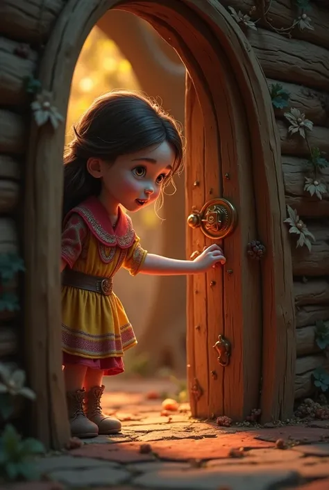 - **Action:** Willow excitedly inserts the key into the tiny door’s lock. Her face shows anticipation as the door creaks open, and a warm, magical light begins to spill out from within.