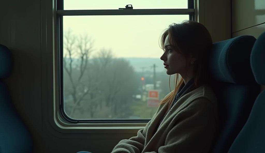 A woman staring pensively out the train window　Angle from the aisle