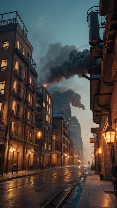 industrial city, surround by wall, steampunk, rusty and heavy, smoke, chimney, factories, gears, machinery, tall buildings, towers, steam power, steam pipes, streetlights, (cinematic lighting:0.8, super detail, bloom)