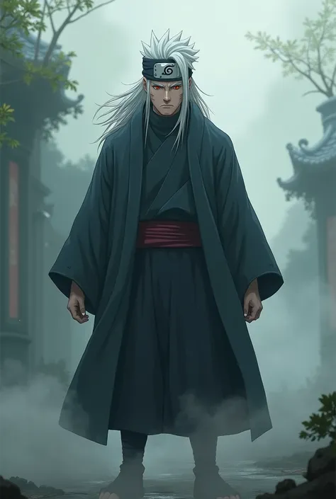 Make a character with a serious look, in naruto drawing style, with semi-long white hair, using a ninja suit and a forehead protector from the mist village