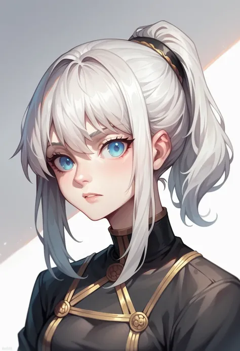  1girl, solo, close-up, high ponytail, medium-length hair, white hair with a strand partially covering the left eye, blue eye half-closed, spy outfit with a fitted black jacket, calm expression, white background
