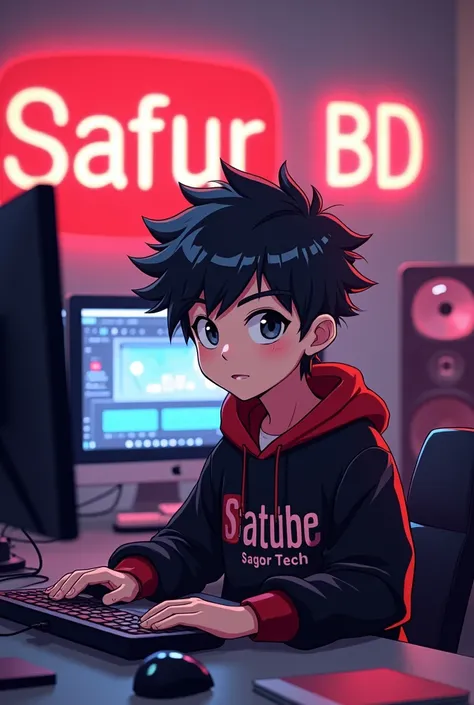 Create a vibrant and extremely engaging anime-style 1 boy with a smart appearance, sitting in front of a computer desk. He is wearing a black and red hoodie with the
Channel Name sagor tech Bd on it. The setup includes a microphone and a laptop on the desk...