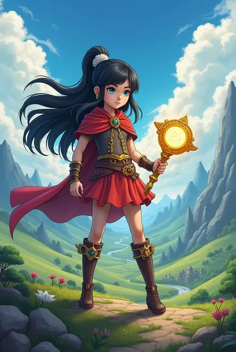 One girl, Long Hair, Black Hair, Dragon Quest style,Hero,blue eyes, Hold the key