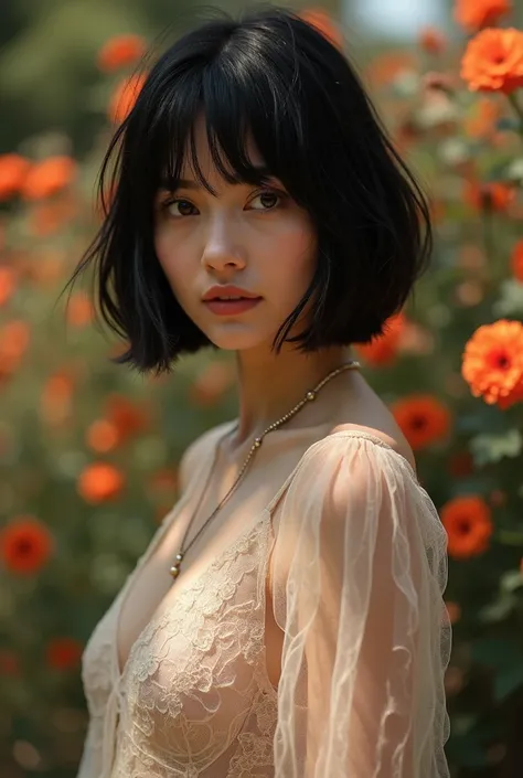 European girl, , Stands half sideways, short hair, neat bob hairstyle, hair color black, skin color pale white, smiles mysteriously,  
Frame 1:2,  close-up just below the chest,
cloth: lace blouse, transparent tulle clothing fabric, very deep neckline on c...