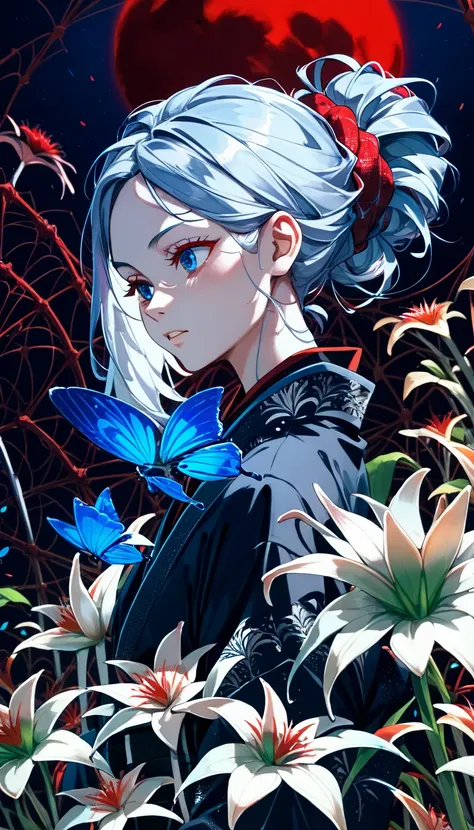 ((Blue-silver hair)), ((Half-up hairstyle)), ((Dark blue eyes)))(((Black kimono with blue butterfly pattern)))(((Red moon at dusk in the background))((((Red spider lilies in full bloom in the background))))