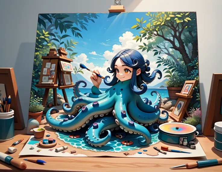 Smooth digital, teal octopus, a creature, one octopus, thinking expression, a happy cartoon (octopus) drawing a blue circle on art canvas, drawing blue ink, octopus holding a paintbrush, simple art studio, simple background, planted pots, soft lighting