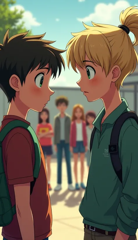 A calm boy, but visibly uncomfortable, with his eyes fixed on Lucas; Lucas: blonde hair with ponytail, green eyes, sarcastic smile; scenario: schoolyard, group of popular classmates in the background laughing)