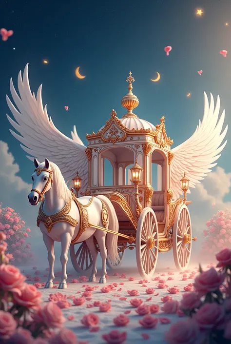 Create a celestial and angel themed carriage with horses and decorated with roses and lilies