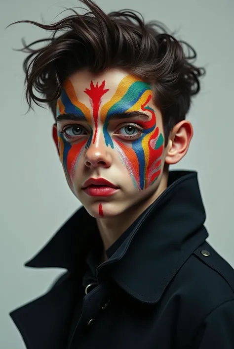 a boy who looks like the actor timothee chalamet. his face has colorful TRIBAL paintings. he is wearing a black overcoat