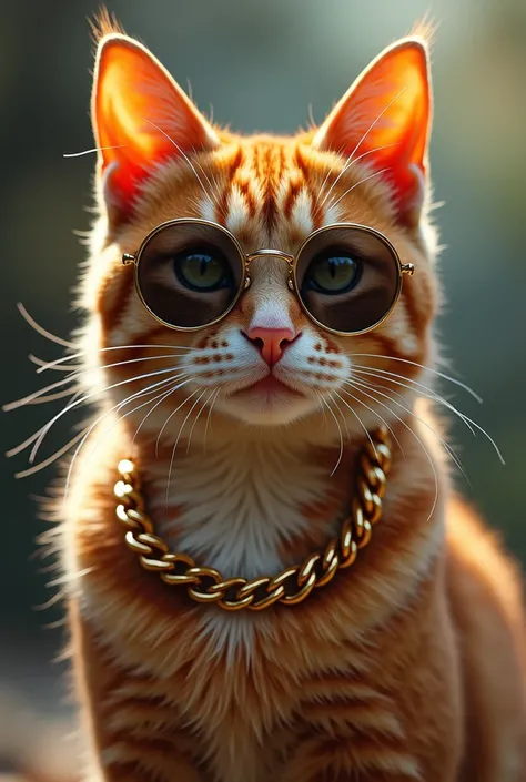 A beautiful cat wearing sungless and gold chain in background wrote cat coming soon