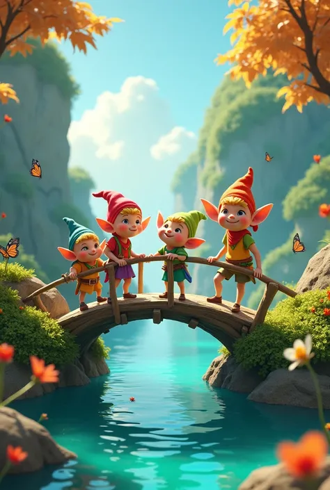 Brightly colored little elves happily building a wooden bridge on an island