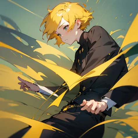 man, Sweet face, Short hair, Yellow hair, Black suit, Put on your pants., shut your mouth, Blurry, Thick line, Silhouette, illustration, Decorative Arts, abstract, Masterpiece, High resolution, precise, Best quality, details, detailsสูง, Grassland backgrou...