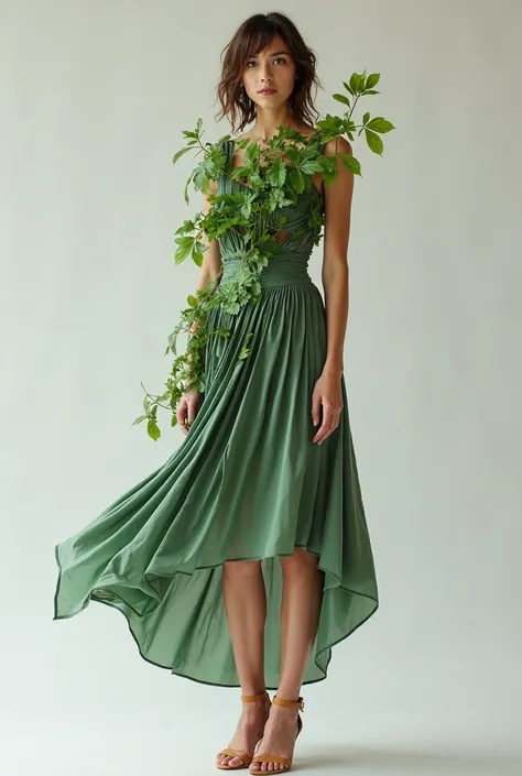 Please make a recycled skirt with plastic leaves on the top and in the bottom is a half open flowy skirt. Dont make a top only the skirt. Make it very detailed with recycable materials. Dont put orange