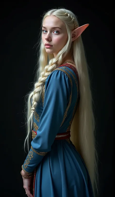 ELVE FEMALE (TOLKIEN)  , FULL BODY IMAGE , STUDIO IMAGE STYLE, BLACK INFINITE BACKGROUND, DIFFUSED LIGHTS ON FACE, BACK LIGHTS ON HAIR, LUMINOUS HAIR, TURCOISE BLUE EYES LOOKING UP, BLONDE LONG HAIR, HUGE STRAIGHT LONG HAIR, BRAID HAIR STYLE, PLATINUM EYEB...