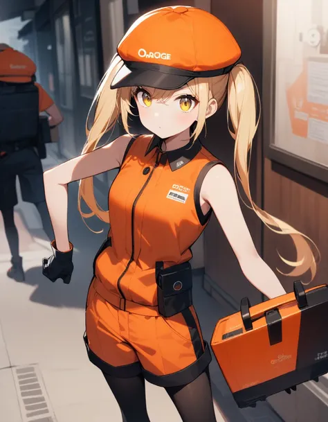 One Girl,Blonde,hat,Twin tails,Delivery Person,The color of the clothes is orange,Sleeveless jacket,Shorts,Black Pantyhose,Black innerwear,,Yellow eyes,Black gloves