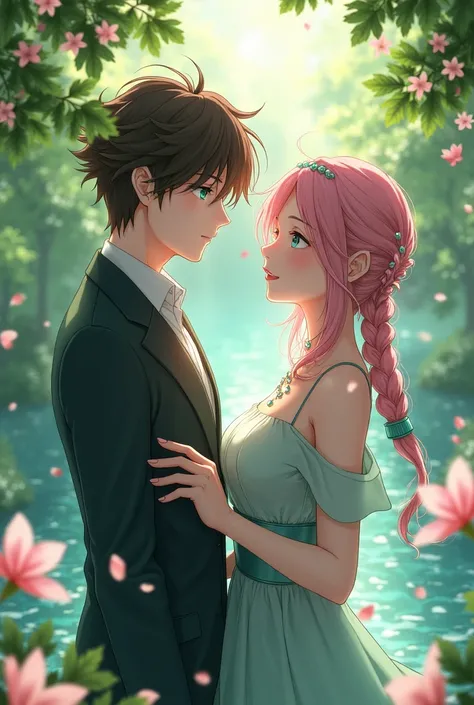 ultra detailed, High resolution, absurdresHDR-10, Eren Jaeger, turquoise eyes, brown hair, Shineki no kyojin, Mitsuri Kanroji, Pink and green hair at the ends with two braids, green eyes, Kimetsu no Yaiba, flores, Petals, Green leaves, Water, 1 man togethe...