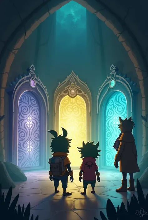 The Three Doors Challenge*:  
"In a mysterious chamber filled with soft, glowing lights, Chirp and Golu stand in front of three large, ornate doors—one radiating truth, one surrounded by illusions, and the third with a magical aura. Bigu, the guardian of t...