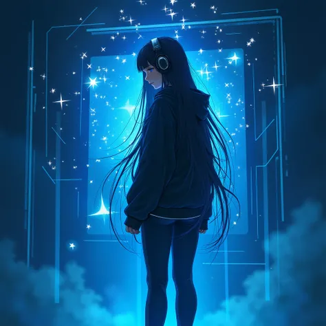 Gamer girl with long thick hair down to her butt A gamer headset, on the head and a black hoodie with black leggings with neon blue sneakers, stand sideways, you only recognize her body shape. Face body is heavily darkened barely visible. A blue aura radia...