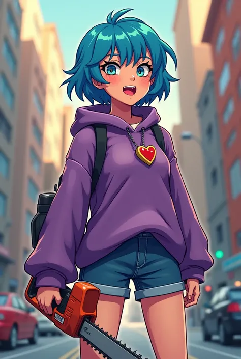 Slim girl with adrenaline face of excitement with short blue hair with a heart brooch in her hair wearing a purple sweater and denim shorts holding an electric saw pixel art style