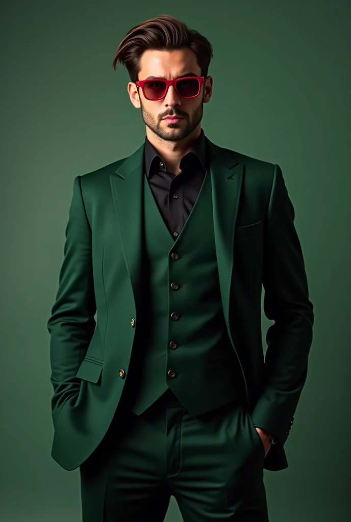 Dark green colour 3 piece suit with red glasses