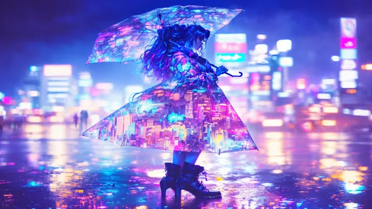 brightly lit cityscape with a woman holding an umbrella in the rain, neon rainy cyberpunk setting, futuristic cyberpunk tokyo night, rainy cyberpunk city, light effect. modern fantasy, neon light and fantasy, neon rain, epic concept art. bokeh, beautiful d...