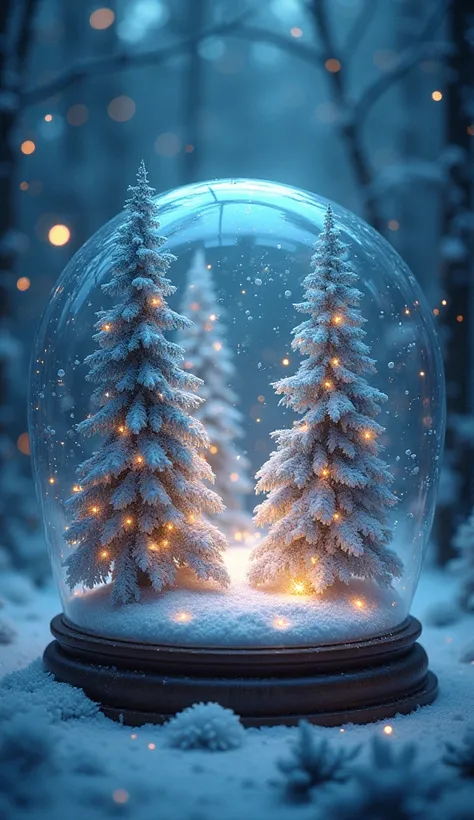 A mystical forest encased in a giant, glowing snow globe. The trees inside are dusted with snow and sparkle with tiny, magical lights. Snow swirls gently within the globe, as if enchanted by an unseen force.