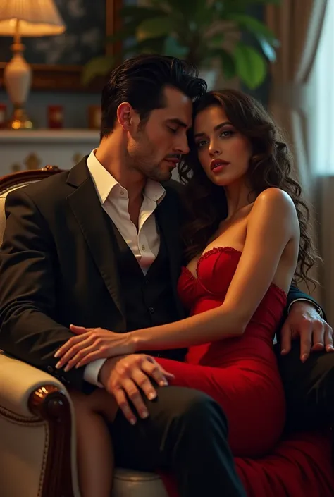 Beautiful man with black hair and piercing blue eyes wearing a smart three-piece suit sitting on a chair in an elegant living room with a woman with curly brown hair and a low-cut red dress sitting on his legs in a sensual position, He holding her possessi...