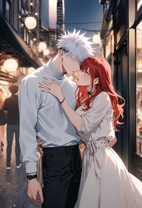 2 people, 1 man, handsome, Gojou Satoru, white hair, blindfolded, Jujutsu Kaisen, casual white sweater, long black pants, with girlfriend, 1girl, long hair, red hair, golden eyes, dress, on a date in the city, Look into each others eyes for a kiss, gojo sa...