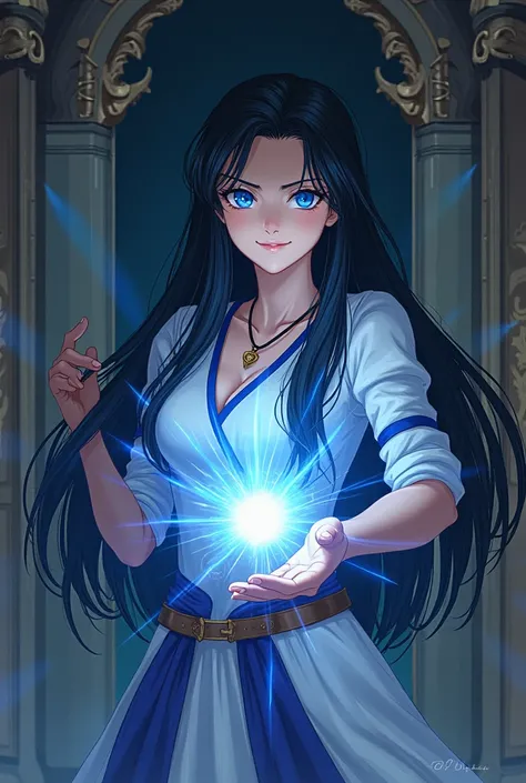 Long Hair, Black Hair, woman,Open the lock in front of the door,Dragon Quest style,Hero,blue eyes, Anime Style,smile, 