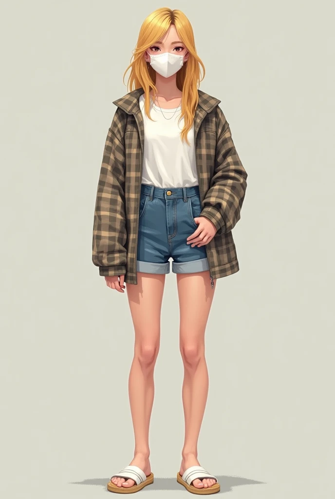 Blonde Indonesian woman full body white t-94 face mask checked jacket denim shorts white spartan slippers