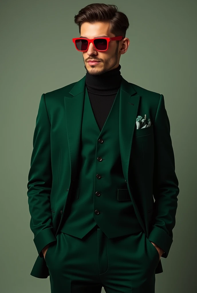 Dark green colour 3 piece suit with red glasses