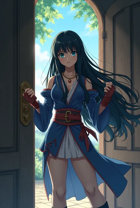 Long Hair, Black Hair, woman,In front of the door,Unlocking,Dragon Quest style,Hero,blue eyes, Anime Style,