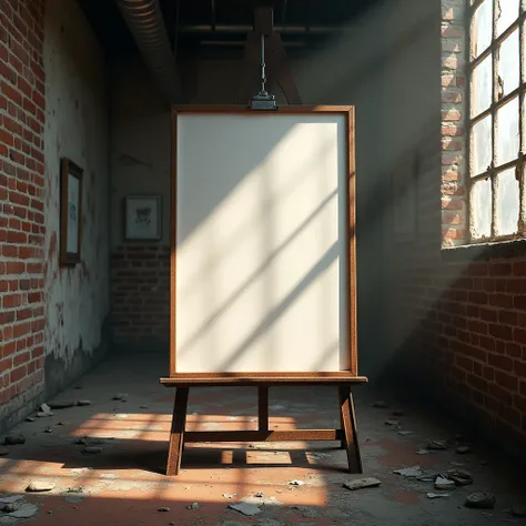 He creates a vertical A4 frame with the white canvas, in a run-down industrial gallery, supported by a rusty steel platform, leaning against a cracked brick wall. Soft sunlight filters through the broken glass windows, casting dramatic shadows on the frame...