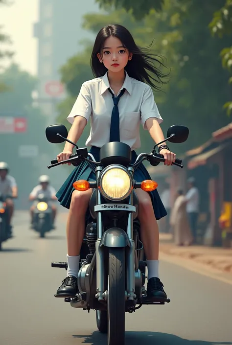 A girl in 12 grade school dress and in black school shoes riding hero honda bike 