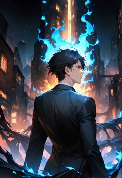 A man with black hair blue eyes in a black suit turns half-face his back on the city at night.