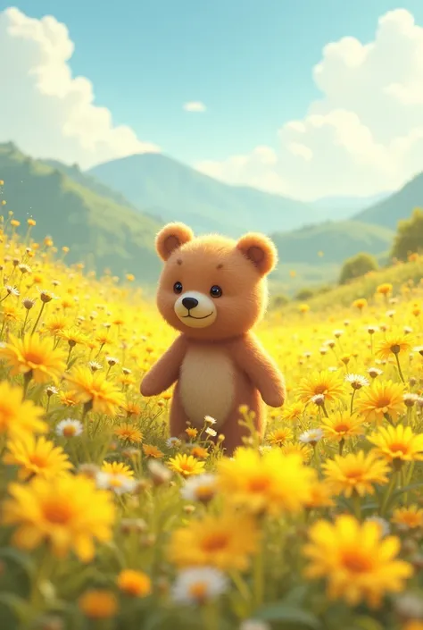 A background of many beautiful yellow flowers with a little bear with a beautiful landscape and in the middle it says with letters : Karen Arcia  te amo mucho te mereces esto y mucho más 💗 en español l