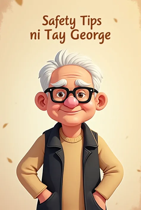 thumbnail for vlog make it cartoony with background titled "safety tips ni Tay George" in beige longsleeve with black sando coat and with black glasses, old man