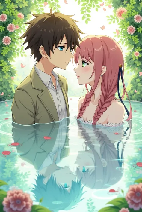 ultra detailed, High resolution, absurdresHDR-10, Eren Jaeger, turquoise eyes, brown hair, Shineki no kyojin, Mitsuri Kanroji, Pink and green hair with two braids, green eyes, Kimetsu no Yaiba, flores, Petals, Green leaves, Water, 1 man together with 1 wom...