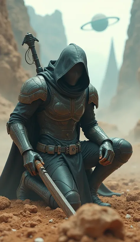 Epic sci-fi warrior in futuristic armor, kneeling in a desolate alien landscape with floating, spiked planets orbiting in the background. The warriors armor is sleek and metallic, with a hooded cloak and dark visor concealing his face. He wields a large, j...