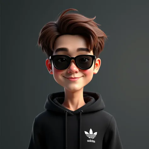 3d caricature style, portrait of a young handsome korean man,20 years old, light smile, korean idol, light brown comma hair, kpop style,light smile,black wayfarer sunglasses,wearing black Adidas hoodie, isolated on dark textured grey background, studio key...