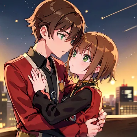 a girl with green eyes, short brown hair , red blouse with long sleeves, googles her hair, affectionately kissing a boy with sho...