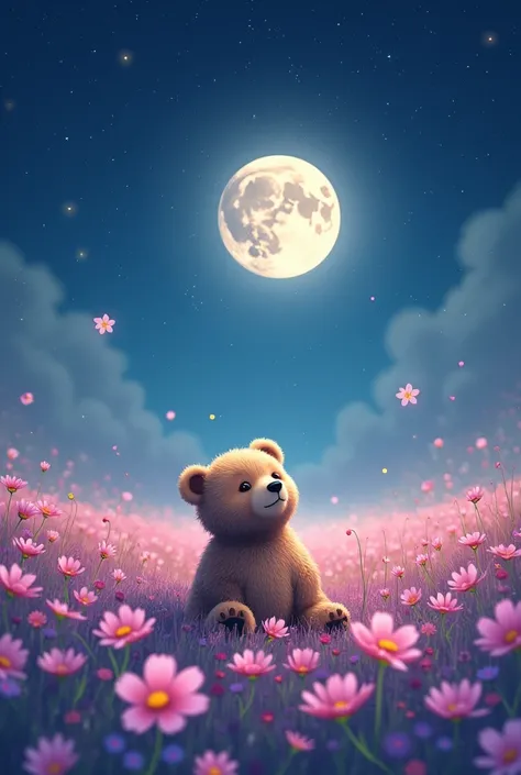 A little bear is sitting in a colorful cosmos flower field, looking up at the starry sky and the round moon.。